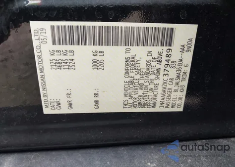 2019 Nissan Maxima 3.5 Sr из США, поврежденный, VIN 1N4AA6AV2KC379489